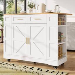 Fascinate Rolling Kitchen Island Cart - Foldable Worktop & Storage - White - thumbnail 3