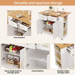 Fascinate Rolling Kitchen Island Cart - Foldable Worktop & Storage - White - thumbnail 9