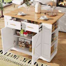 Fascinate Rolling Kitchen Island Cart - Foldable Worktop & Storage - White - thumbnail 4