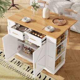 Fascinate Rolling Kitchen Island Cart - Foldable Worktop & Storage - White - thumbnail 1