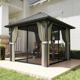 OUTSUNNY 3 x 3(m) Metal Hardtop Gazebo with Netting & Curtains, Black - thumbnail 1