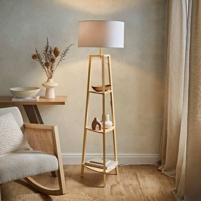 ValueLights Hiru 3 Tier Wooden Shelf Floor Lamp with Large Drum Shade & Bulb in White - image 1