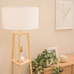 ValueLights Hiru 3 Tier Wooden Shelf Floor Lamp with Large Drum Shade & Bulb in White - thumbnail 8