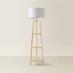 ValueLights Hiru 3 Tier Wooden Shelf Floor Lamp with Large Drum Shade & Bulb in White - thumbnail 3
