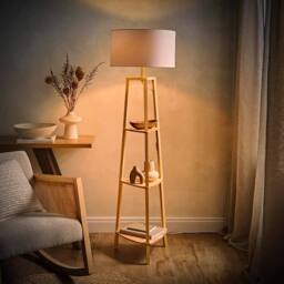 ValueLights Hiru 3 Tier Wooden Shelf Floor Lamp with Large Drum Shade & Bulb in White - thumbnail 2