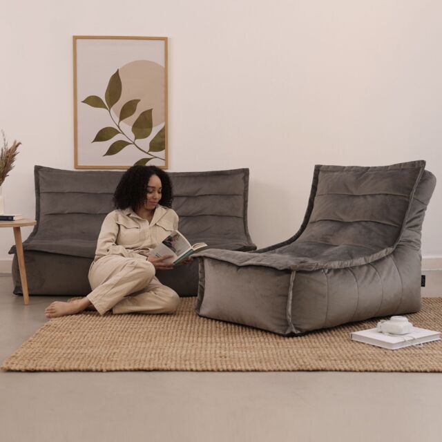icon Kota Velvet XL Bean Bag Sofa & Lounger Set Grey Bean Bag Chair in Charcoal - image 1