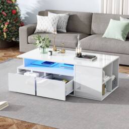 BTM High Gloss LED Coffee Table with 2 Drawers & Open Storage in White - thumbnail 4
