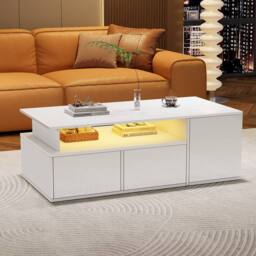 BTM High Gloss LED Coffee Table with 2 Drawers & Open Storage in White - thumbnail 2
