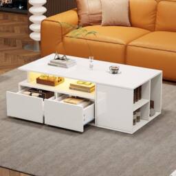 BTM High Gloss LED Coffee Table with 2 Drawers & Open Storage in White