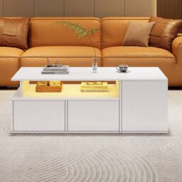 BTM High Gloss LED Coffee Table with 2 Drawers & Open Storage in White - thumbnail 3