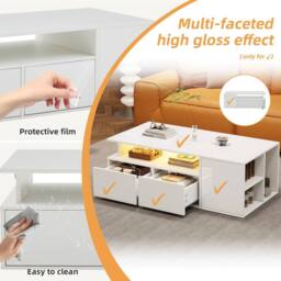 BTM High Gloss LED Coffee Table with 2 Drawers & Open Storage in White - thumbnail 5