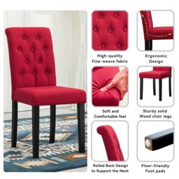 MCC Direct Set of 2 Linen Fabric Plush Padded Buttoned Back Dining Chairs in Red - thumbnail 6