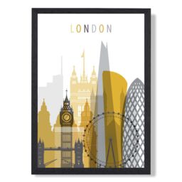 ARTZE London Yellow & Grey City Skyline Framed Print SIZE: A4 with Black Frame - thumbnail 1