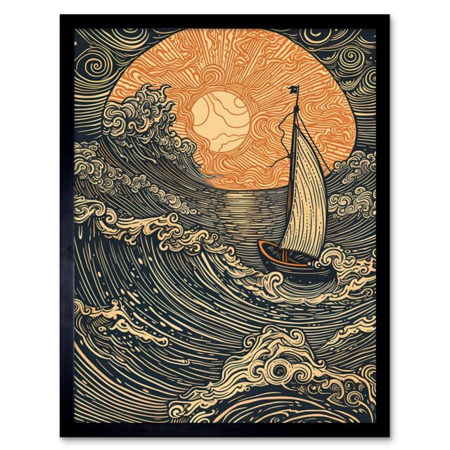 "Artery8 Wall Art Print Boat Sailing into the Sunset Linocut Art Framed in Black - Size: W12"" x H16""" - image 1