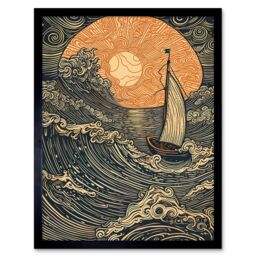 "Artery8 Wall Art Print Boat Sailing into the Sunset Linocut Art Framed in Black - Size: W12"" x H16""" - thumbnail 1