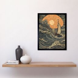 "Artery8 Wall Art Print Boat Sailing into the Sunset Linocut Art Framed in Black - Size: W12"" x H16""" - thumbnail 2