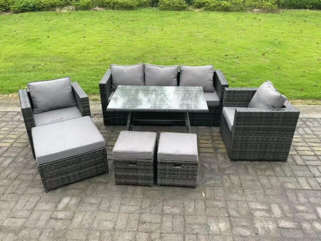 Fimous 8 Seater Rattan Outdoor Furniture Sofa Garden Dining Set with Dining Table 2 Armchairs 3 Stools Dark Grey - image 1