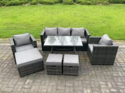 Fimous 8 Seater Rattan Outdoor Furniture Sofa Garden Dining Set with Dining Table 2 Armchairs 3 Stools Dark Grey - thumbnail 2