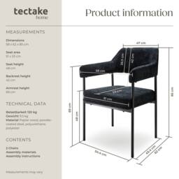 tectake Armchair Doe Set Of 2 - Woven Fabric Black/Black in Black - Size: 2 Pack - thumbnail 6