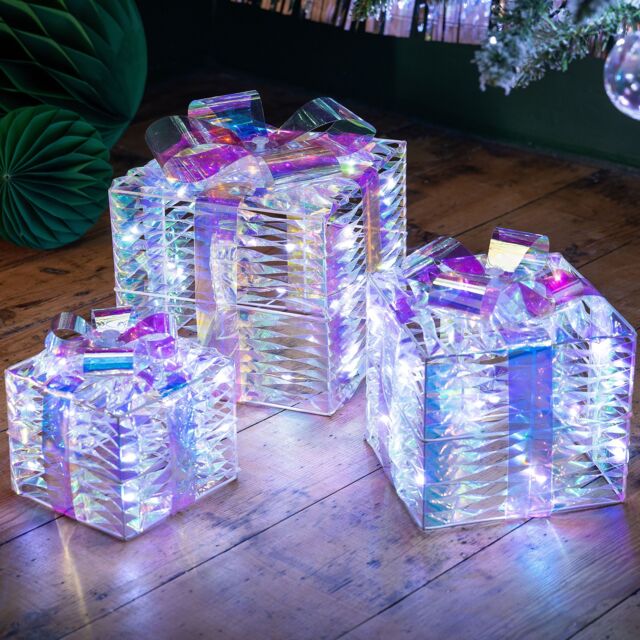 Christow Light Up Christmas Presents Decorations Iridescent LED Parcels Battery Operated in White - image 1