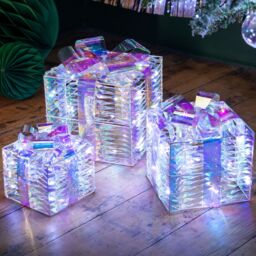 Christow Light Up Christmas Presents Decorations Iridescent LED Parcels Battery Operated in White - thumbnail 1