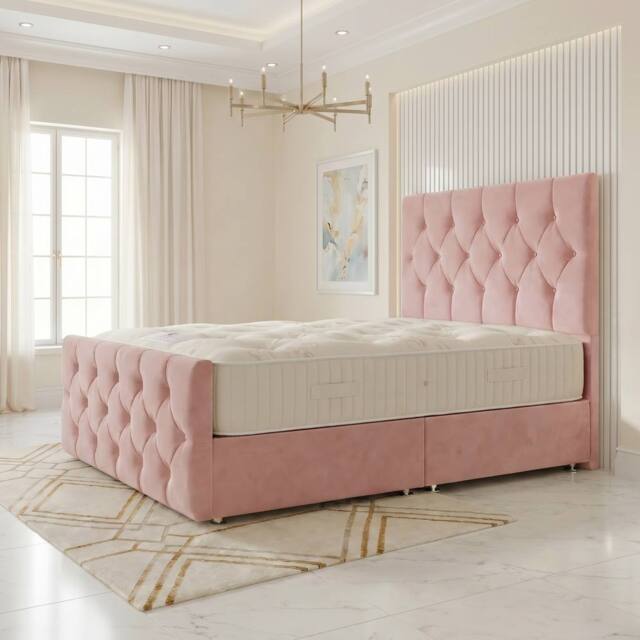 "Somnior Ziggy Velvet Divan Bed Mattress No Draw 54"" Headboard 22"" Footboard in Pink - Size: Super King" - image 1