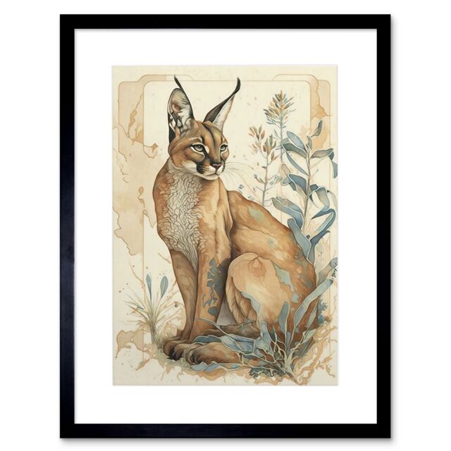 "Artery8 Wall Art Print Caracal Cat with Teal Plants Modern Pastel Watercolour Artwork Framed 9X7 Inch in Black - Size: W7"" x H9""" - image 1
