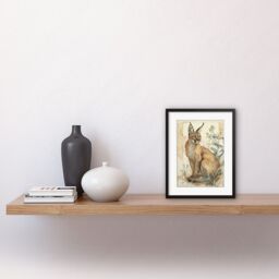 "Artery8 Wall Art Print Caracal Cat with Teal Plants Modern Pastel Watercolour Artwork Framed 9X7 Inch in Black - Size: W7"" x H9""" - thumbnail 2
