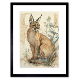 "Artery8 Wall Art Print Caracal Cat with Teal Plants Modern Pastel Watercolour Artwork Framed 9X7 Inch in Black - Size: W7"" x H9""" - thumbnail 1