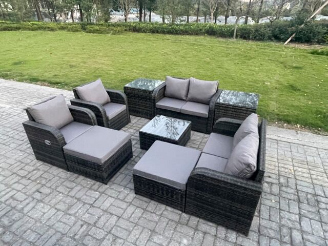 Fimous Garden Furniture Set Rattan Outdoor Lounge Sofa Chair With Tempered Glass Table 2 Big Footstool 2 Side Tables Dark Grey Mixed - image 1