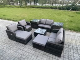 Fimous Garden Furniture Set Rattan Outdoor Lounge Sofa Chair With Tempered Glass Table 2 Big Footstool 2 Side Tables Dark Grey Mixed - thumbnail 1