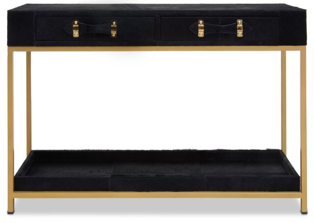 Orsina Hair on Hide Console Table, Black Modern Console Table with 2 Drawer Storage, Luxe Design with Gold Frame - image 1