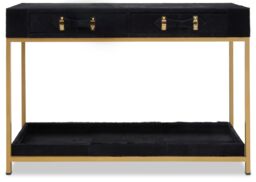 Orsina Hair on Hide Console Table, Black Modern Console Table with 2 Drawer Storage, Luxe Design with Gold Frame - thumbnail 1