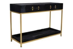 Orsina Hair on Hide Console Table, Black Modern Console Table with 2 Drawer Storage, Luxe Design with Gold Frame - thumbnail 3