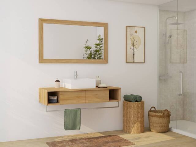 Vente-unique Wall-Mounted Teak Bathroom Vanity Unit With Towel Rail & Square in Light Oak - image 1