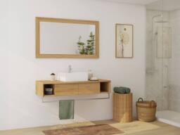 Vente-unique Wall-Mounted Teak Bathroom Vanity Unit With Towel Rail & Square in Light Oak