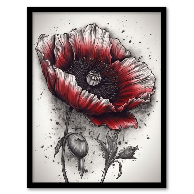 Artery8 Wall Art Print Remembrance Day Poppy Flower Detailed Coloured Pencil Drawing Red Grey WWI Memorial Symbol Nature Colourful Bright Floral - image 1
