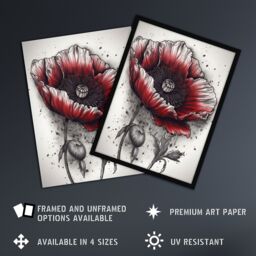 Artery8 Wall Art Print Remembrance Day Poppy Flower Detailed Coloured Pencil Drawing Red Grey WWI Memorial Symbol Nature Colourful Bright Floral - thumbnail 2