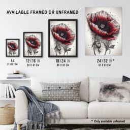 Artery8 Wall Art Print Remembrance Day Poppy Flower Detailed Coloured Pencil Drawing Red Grey WWI Memorial Symbol Nature Colourful Bright Floral - thumbnail 3