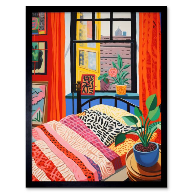 "Artery8 Wall Art Print The Artist's Bedroom Henri Matisse Style Vibrant Patterns Colourful Oil Painting Art Framed in Black - Size: W12"" x H16""" - image 1
