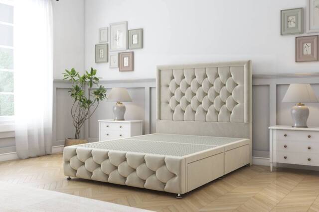"Sloomy Vienna Plush Divan Base 4 Drawers - 54"" Headboard & 12"" Footboard in Cream - Size: Small Double" - image 1