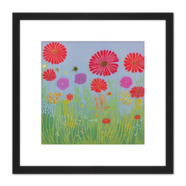 Artery8 Red & Purple Chrysanthemum Flower Meadow in Bloom Folk Style Oil Painting Square Wooden Framed Wall Art Print Picture 8X8 Inch in Black - image 1