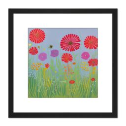 Artery8 Red & Purple Chrysanthemum Flower Meadow in Bloom Folk Style Oil Painting Square Wooden Framed Wall Art Print Picture 8X8 Inch in Black - thumbnail 1