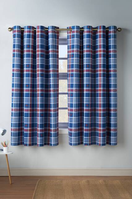 Catherine Lansfield 'Stars & Check' Fully Reversible Eyelet Curtains in Blue - Size: 168 cm width x 183 cm drop - image 1