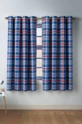 Catherine Lansfield 'Stars & Check' Fully Reversible Eyelet Curtains in Blue - Size: 168 cm width x 183 cm drop - thumbnail 1