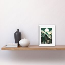"Artery8 Wall Art Print Full Moon Over Mountain Forest Linocut Mid Century Sage Green Moonlit Landscape Artwork Framed 9X7 Inch - Size: W7"" x H9""" - thumbnail 2