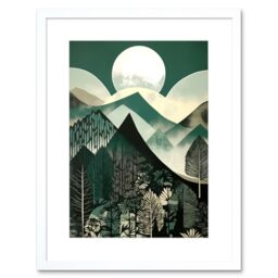 "Artery8 Wall Art Print Full Moon Over Mountain Forest Linocut Mid Century Sage Green Moonlit Landscape Artwork Framed 9X7 Inch - Size: W7"" x H9""" - thumbnail 1