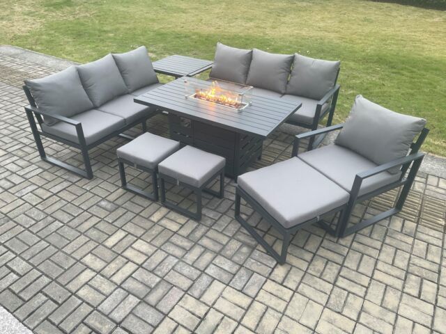 Fimous Aluminium 8 Pieces Garden Furniture Sofa Set with Cushions 10 Seater Gas Fire Pit Dining Table Set with Side Table 3 Footstools in Dark Grey - image 1