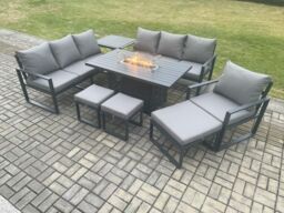 Fimous Aluminium 8 Pieces Garden Furniture Sofa Set with Cushions 10 Seater Gas Fire Pit Dining Table Set with Side Table 3 Footstools in Dark Grey - thumbnail 1