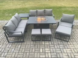 Fimous Aluminium 8 Pieces Garden Furniture Sofa Set with Cushions 10 Seater Gas Fire Pit Dining Table Set with Side Table 3 Footstools in Dark Grey - thumbnail 2